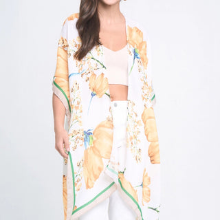 Yellow Bordered Flower Stem Kimono