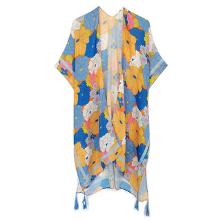 Blue Multicolored Flowers Printed Kimono