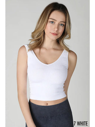 V Neck Ribbed Crop Top White