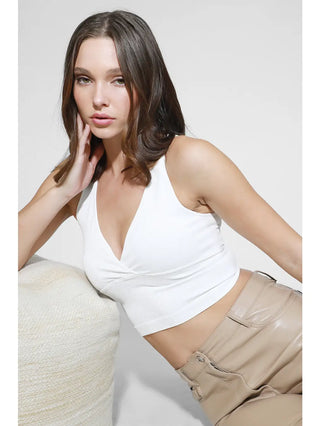 Front view of the Surplice Ribbed Crop Top in the color White