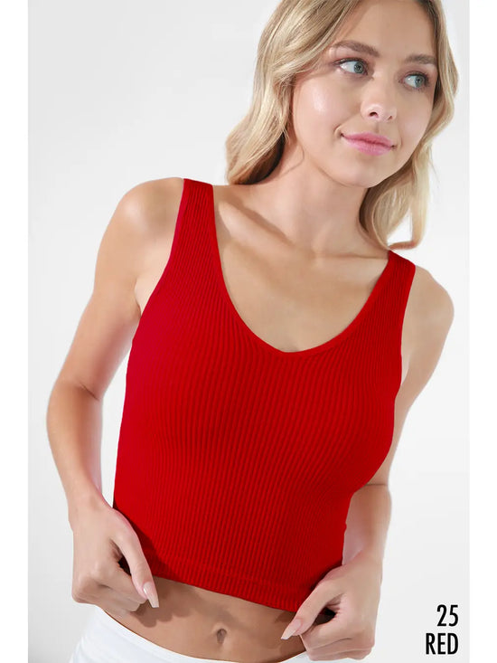 Load image into Gallery viewer, V Neck Ribbed Crop Top Red
