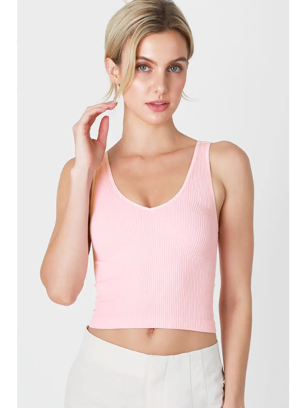 Load image into Gallery viewer, V Neck Ribbed Crop Top Crystal Rose
