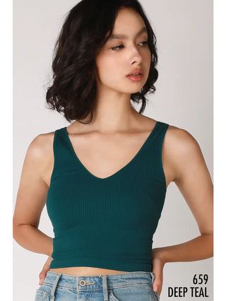 V Neck Ribbed Crop Top Deep Teal
