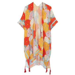 Orange Multicolored Flowers Printed Kimono