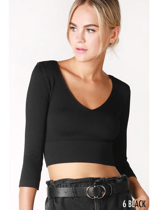 Ribbed 3/4 Sleeve V Neck Crop
