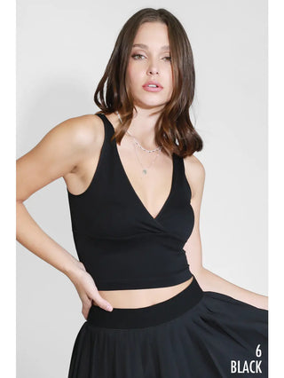 Front view of the Surplice Ribbed Crop Top in the color Black