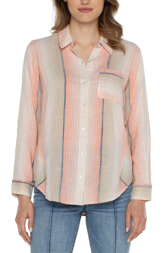 Button Front Shirt With Inverted Pleat Mitering