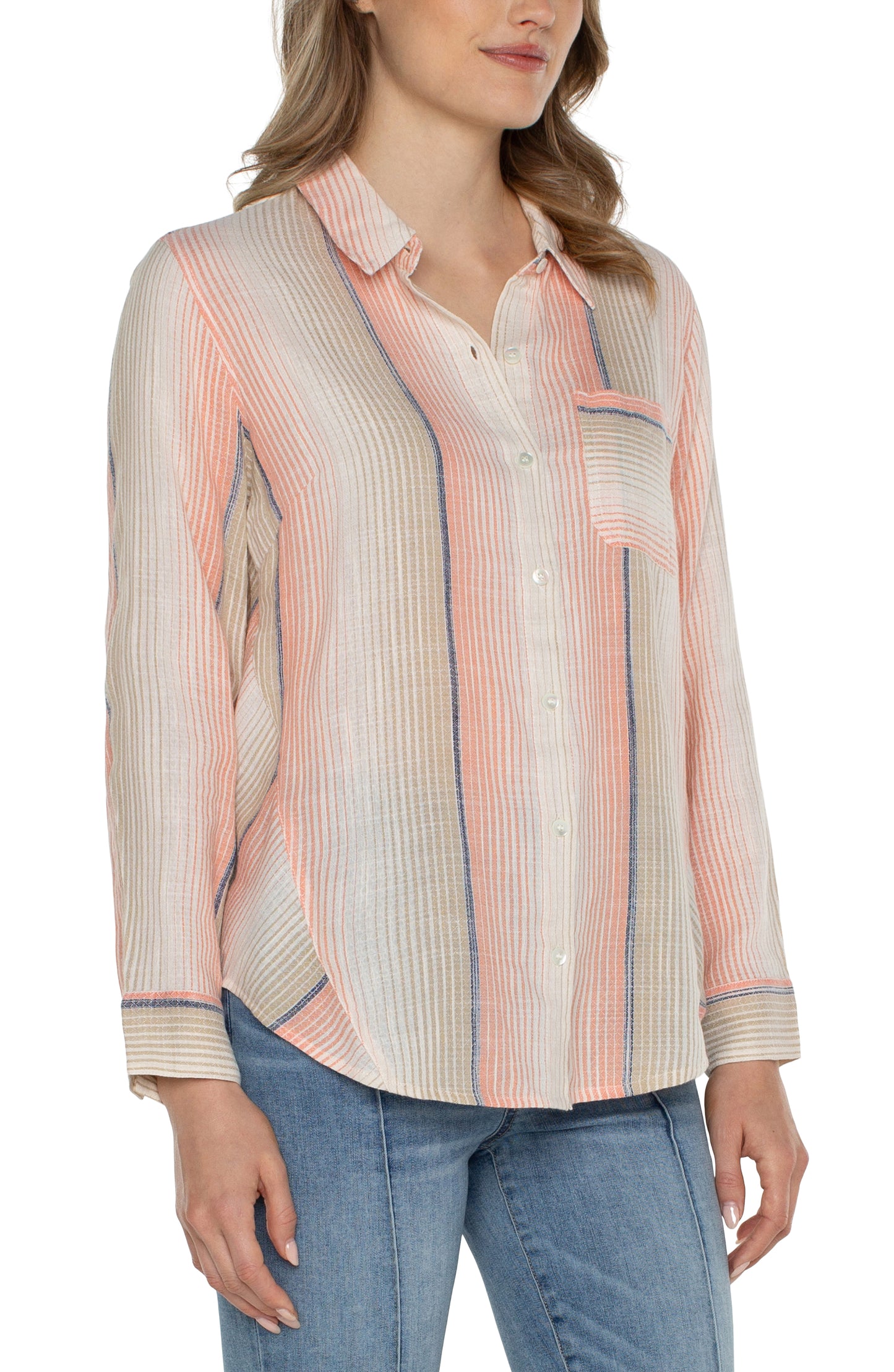 Button Front Shirt With Inverted Pleat Mitering