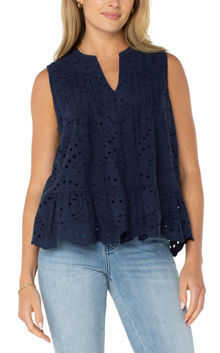 Sleeveless Pintuck Woven Top / Navy