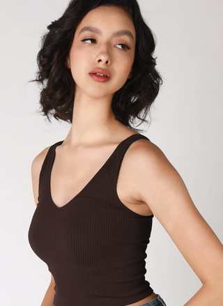 V Neck Ribbed Crop Top Chocolate