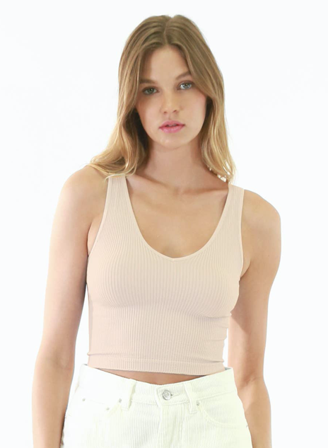 V Neck Ribbed Crop Top Barely Nude