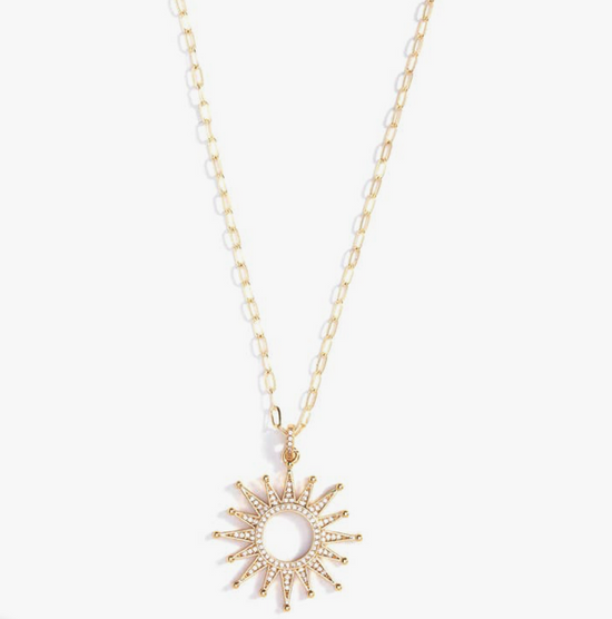 Large Pave Sunburst Pendant Necklace Gold