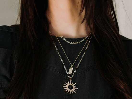 Large Pave Sunburst Pendant Necklace Gold