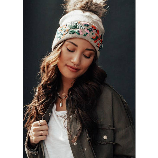 Luxe Tan Camo Floral Pattern Pom Hat
