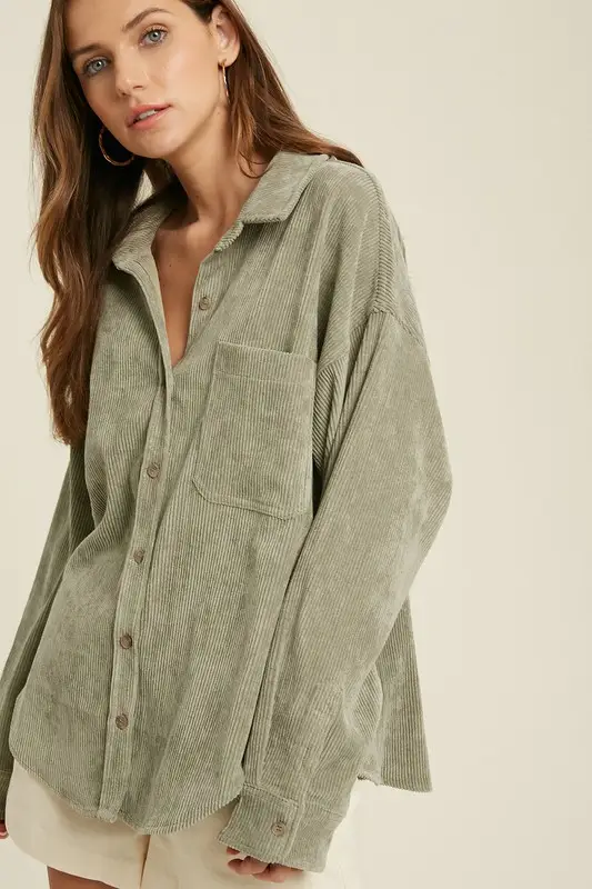 Load image into Gallery viewer, Oversized Corduroy Shirt Jacket Olive
