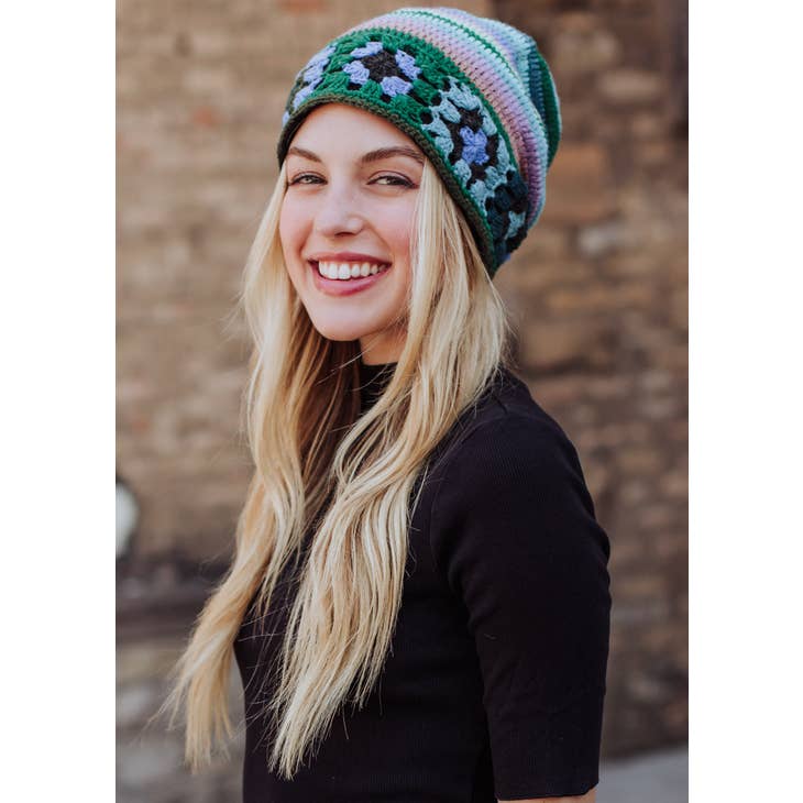Load image into Gallery viewer, Blue &amp;amp; Green Crochet Beanie
