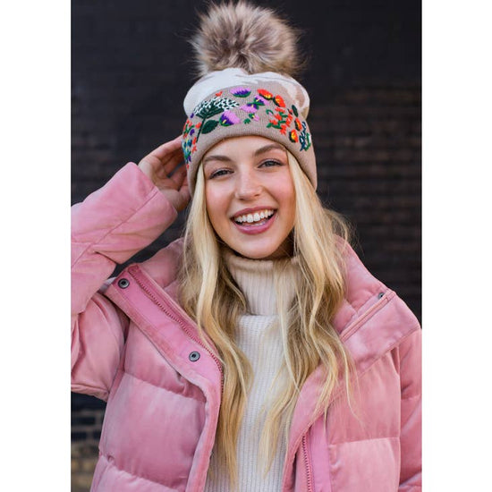 Luxe Tan Camo Floral Pattern Pom Hat