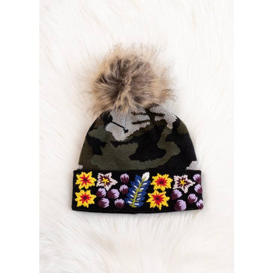 Load image into Gallery viewer, Luxe Green Camo Floral Pattern Pom Hat
